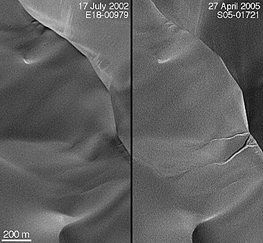 Two MOC images of dunes, one from 17 July 2002, the other from 27 April 2005; the April 2005 image shows new gullies that formed on the dune's slip face.
