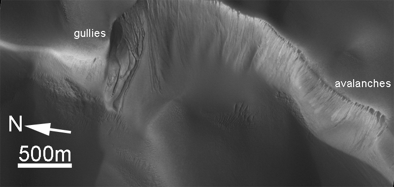 MOC image of different dune field (Russell Dunes) showing how dune face morphology varies as a function of azimuthal orientation (gullies on SW facing slip slopes, sand avalanches on NW facing slopes).