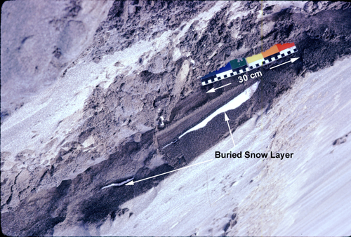 Snow layer incorporated into dune in Victoria Valley, Antarctica.