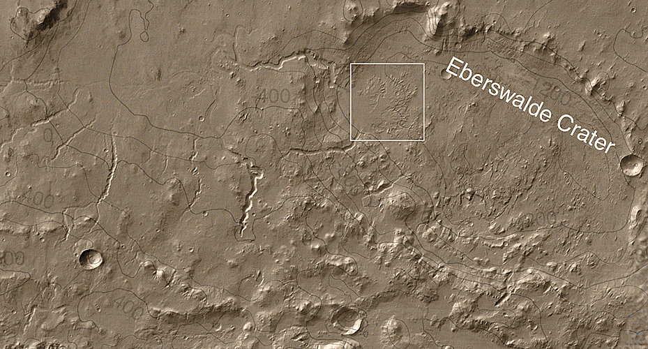 Context image showing Eberswalde Crater and the delta that occurs inside the crater.