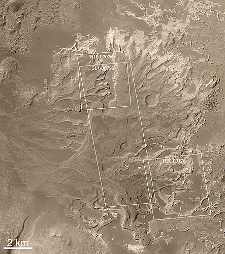 Fossil delta in Eberswalde Crater, formerly 'Holden NE Crater' on Mars, with locations of higher-resolution views shown.