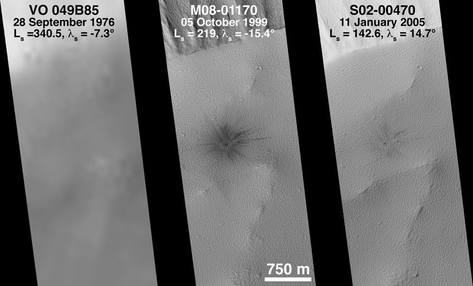 Three views, one from Viking 2 orbiter on 28 September 1976, one from MGS MOC on 5 October 1999, and one from MGS MOC on 11 January 2005; the 1999 and 2005 views show the small, fresh crater that may have formed in the 1980s.