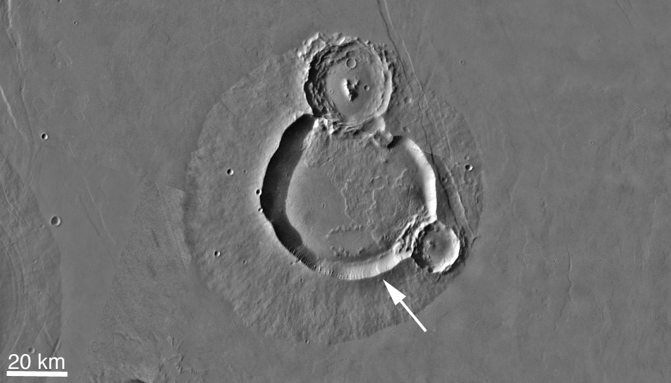 Viking orbiter view showing Ulysses Patera volcano, and context of the new crater that formed there.