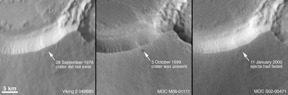 Three context views of the location of the small fresh crater, one from Viking 2 in 1976, one from MGS MOC in 1999, and one from MGS MOC in 2005; the Viking image shows that the crater did not exist in 1976.