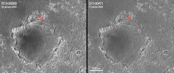 Erebus Crater in Meridiani Planum, before and after Opportunity rover arrived