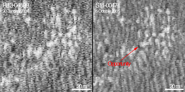 Enlargements showing MER-B rover (right) and appearance of site before rover arrived (left)
