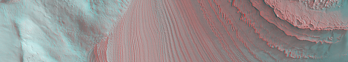 3-d stereo anaglyph showing details in layered rock exposed in Galle Crater.