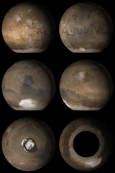 Six views of Mars as it appears at 'L sub s' 121 degrees.