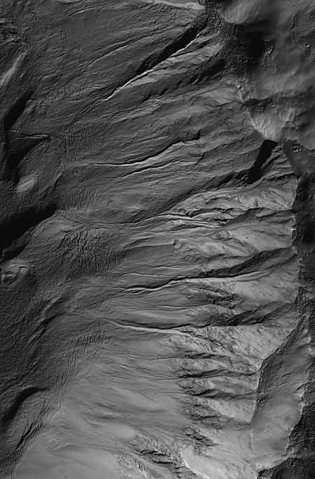 Gully channels with complex depositional aprons, running down a slope from right to left.