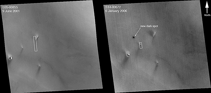 Two pictures, each a MOC red wide angle context frame coverning nearly the same area; the one on the right shows a new dark spot not visible in the earlier image on the left.