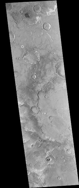 Large file; map-projected view of MOC red wide angle image M01-01610 from 1999, used to compare with similar image, S14-02741, obtained in 2006.