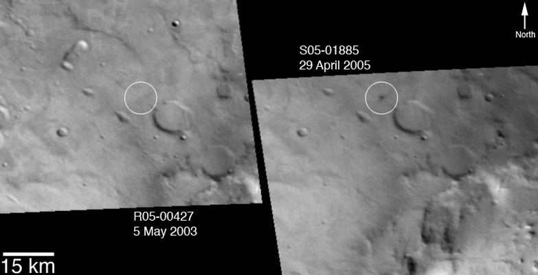 Portions of 2 MOC red wide angle camera images that were used to constrain when the crater formed; at left is an image from 5 May 2003, at left, now showing the new dark spot, is an image from 29 April 2005.