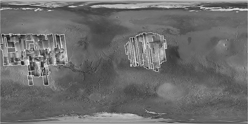 Map of Mars, showing areas in Amazonis, Tharsis, and Arabia that were imaged by the MOC red wide angle camera for this study.