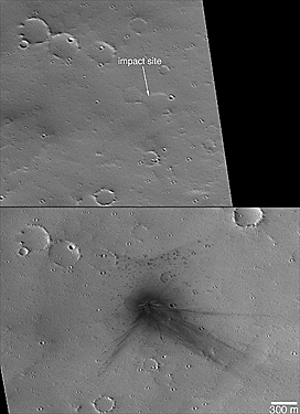 Two images, top is portion of MOC E13-02112, bottom is portion of MOC S16-01140; the E13 image shows what the site looked like, at MOC narrow angle camera scale, before the impact.