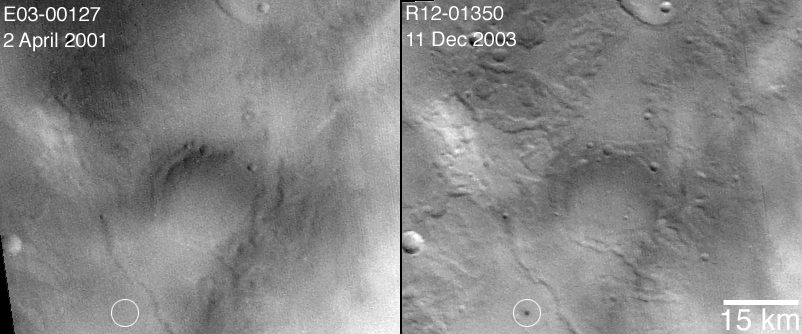 Two images, side by side, both are sub-frames of MOC red wide angle camera views of the impact site (before: 2 April 2001; after: 11 December 2003).