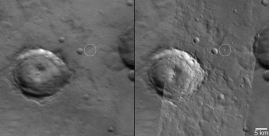 Pair of images showing before and after views at MOC red wide angle image scale. The 