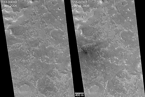 Two MOC narrow angle camera views of the impact site; on left is before the impact, from 1 January 2004; on right is view after the impact, 22 February 2006.