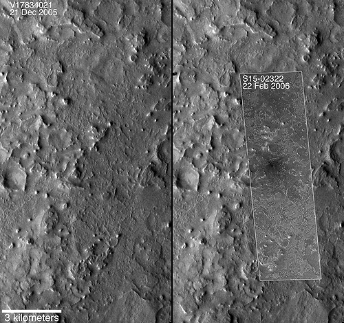 Two views of impact site; on right is portion of THEMIS image obtained 21 December 2005; on left is same THEMIS image with MOC narrow angle image obtained 22 Februaray 2006 (with impact) overlain.