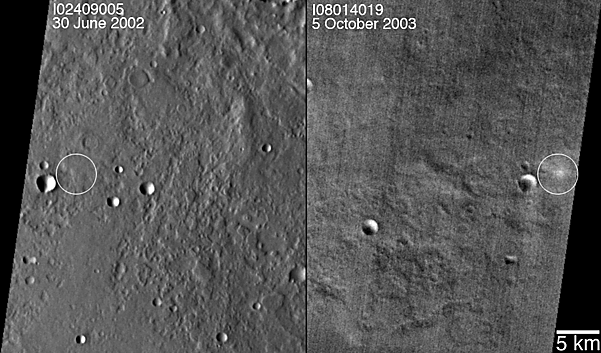 Two images, side by side, showing THEMIS infrared views of the impact site before (30 June 2002) and after (5 October 2003) the impact occurred.