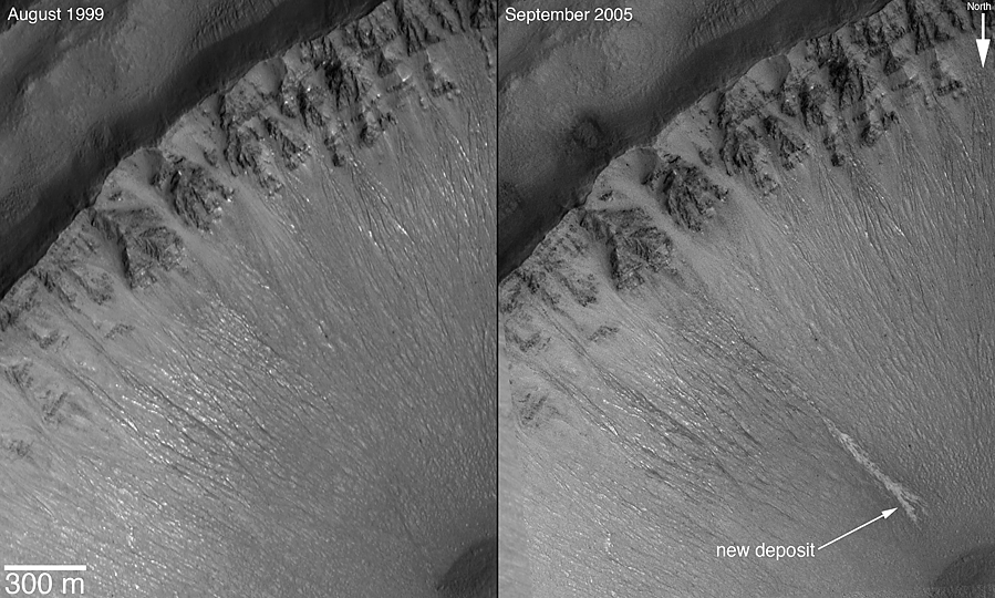 Two views; the first from August 1999, the second from September 2005. The August image shows very fine gullies on crater wall. The September 2005 view shows the same features, but added to that is a new, light-toned deposit.