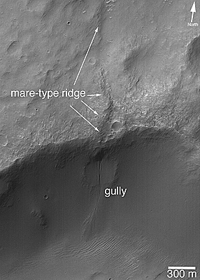 Gully emerging from crater wall, where wall is intersected by a fault.
