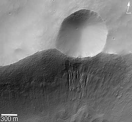 Gullies that formed an a crater wall beneath site of smaller impact crater.
