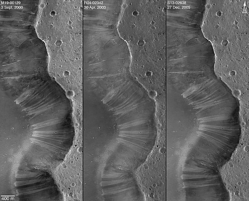 Time series
of three images from 2000, 2003, and 2005, showing light slope streaks
at which no new streaks formed.