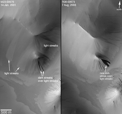 Slopes with light and dark slope streaks, one image from 2001, the other from 2003; the 2003 image shows a new dark streak formed on top of light streaks.