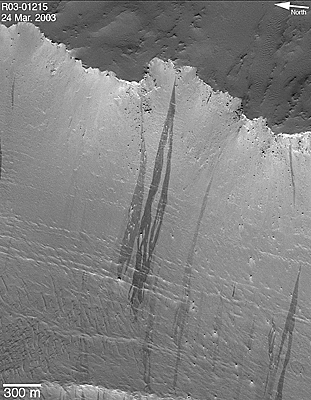 Dark slope streaks with spectacular evidence of dry, granular flow around obstacles including boulders.