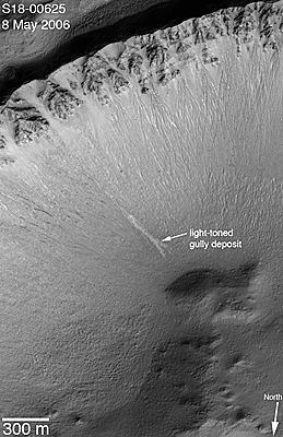 Crater wall showing recent, light-toned gully deposit