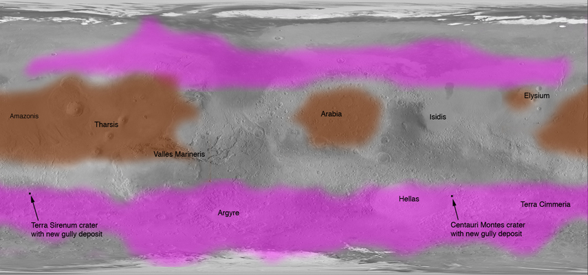 Map of Mars. Slope streak regions shaded in brown, gully regions in pink. the two do not overlap, except in Tempe Terra in the northern hemisphere.